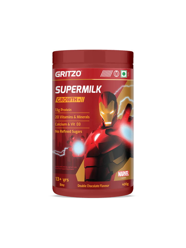 Gritzo Supermilk Growth+ 13G Protein Powder Iron Man For 13+Y Boy - Double Chocolate