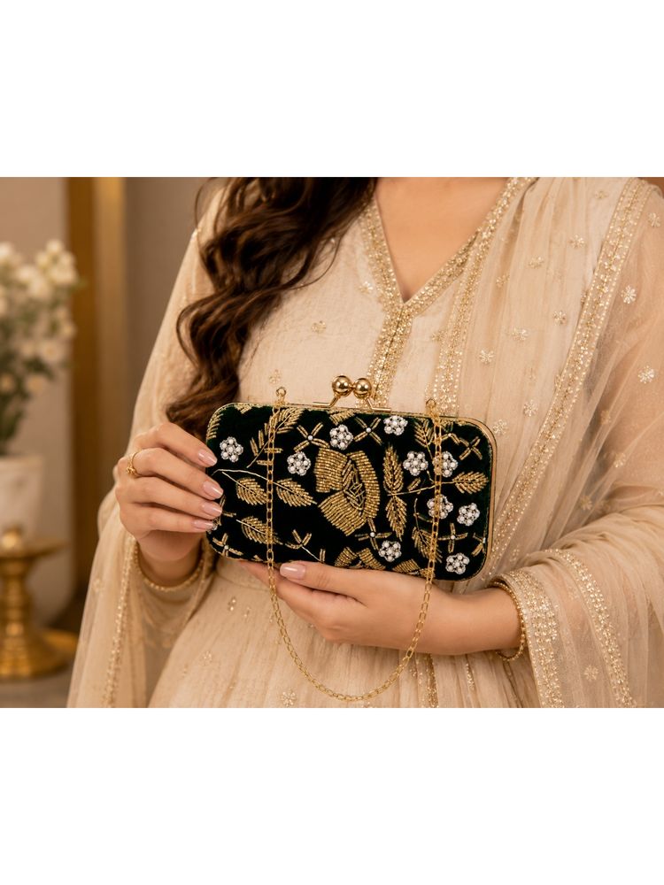 Fabbhue Women's Green Hand Embroidered Clutch with Detachable Strap-image-8