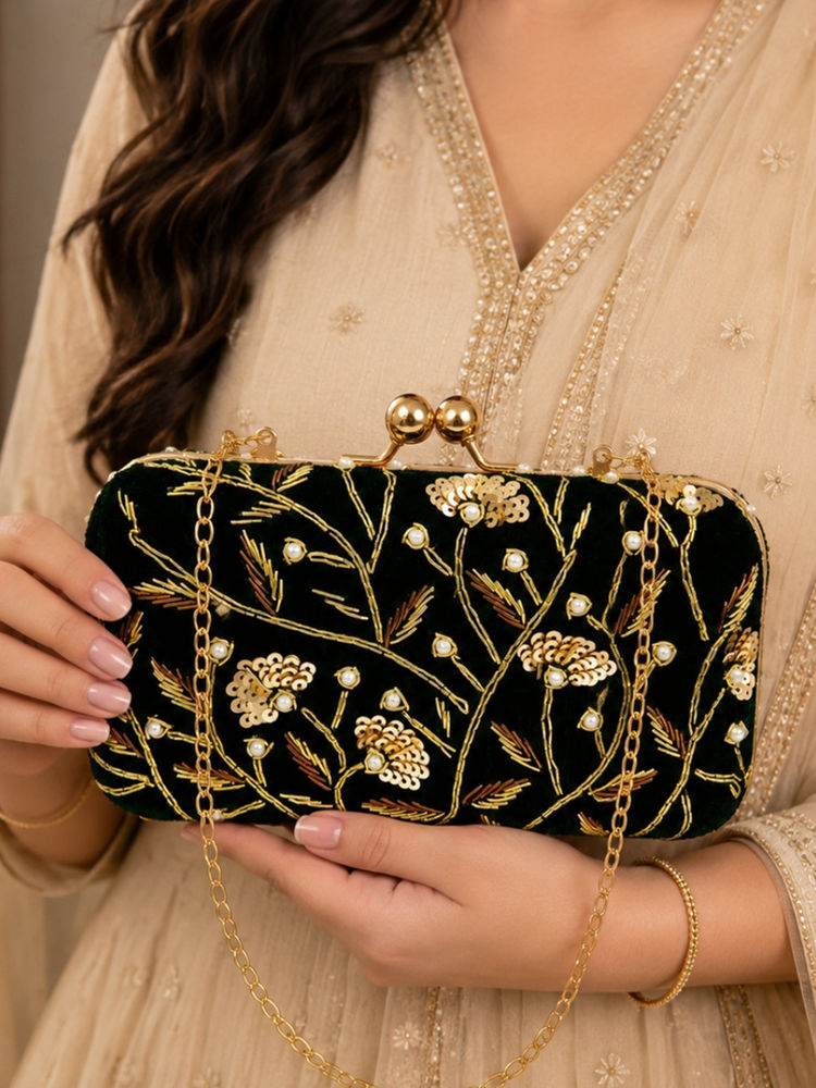 Fabbhue Women's Green Hand Embroidered Clutch with Detachable Strap-image-46