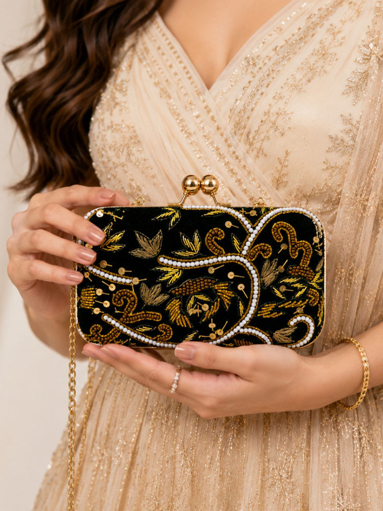 Fabbhue Women's Green Hand Embroidered Clutch with Detachable Strap-image-47