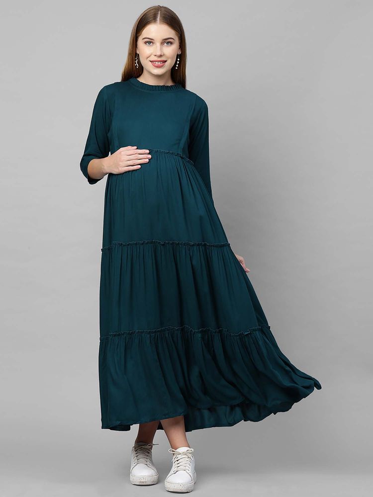 MomToBe Women Teal Solid Maternity Nursing Dress-image-1