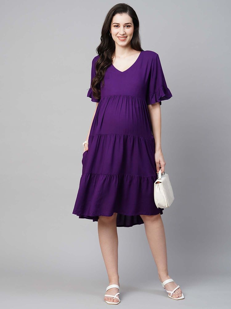 MomToBe Bell Sleeves Maternity Purple Tiered Dress-picture-26