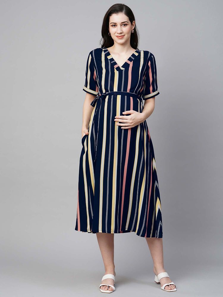 MomToBe Striped V-Neck Maternity Midi A-Line Dress (Set of 2)-picture-14
