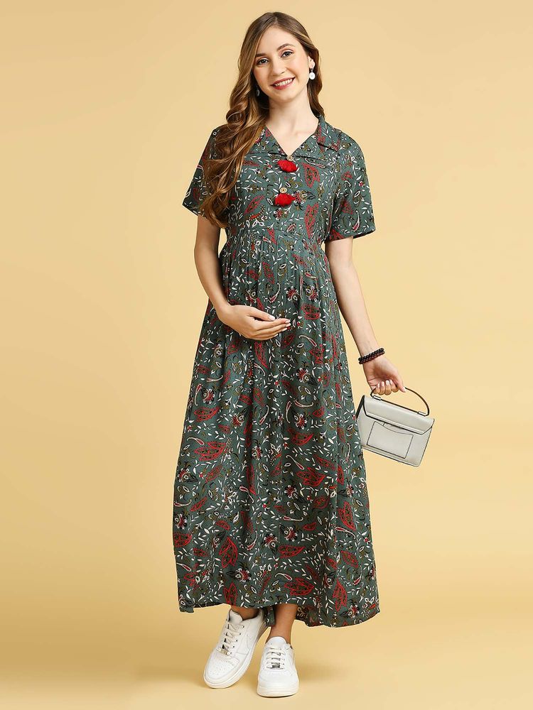 MomToBe Paisley Printed Lapel Collar Maternity A-Line Dress-picture-25