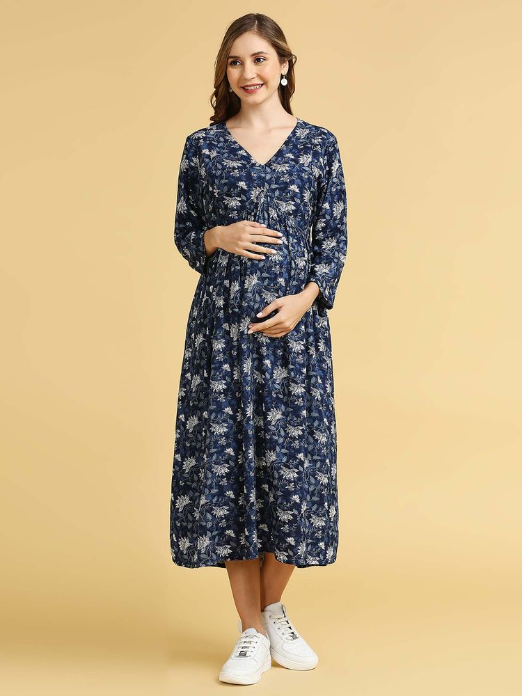 MomToBe Floral Printed Maternity Midi Nursing Dress-image-6