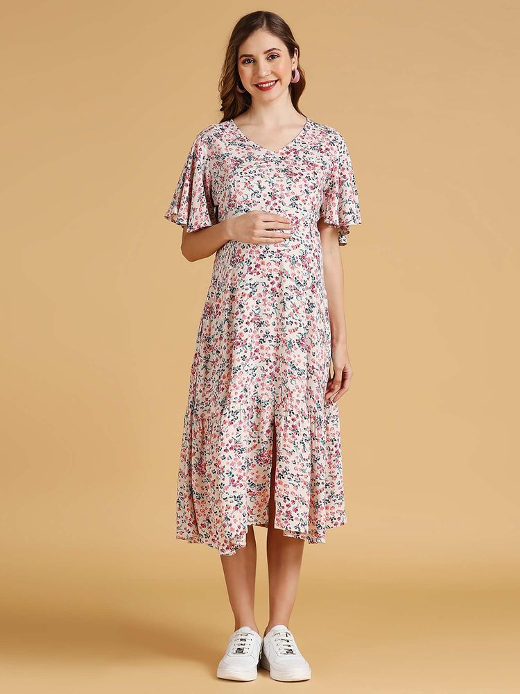 MomToBe Flared Sleeves Floral Print Maternity Dress-picture-28