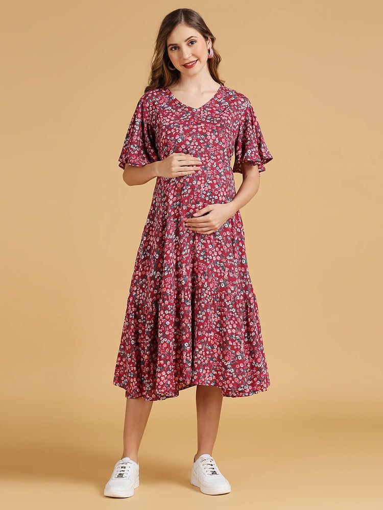 MomToBe Flared Sleeves Floral Print Maternity Dress-picture-13