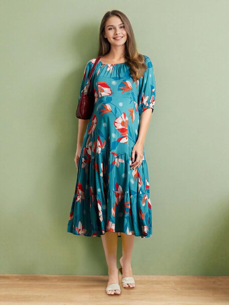 MomToBe Floral Print Maternity A Line Midi Dress-image-42