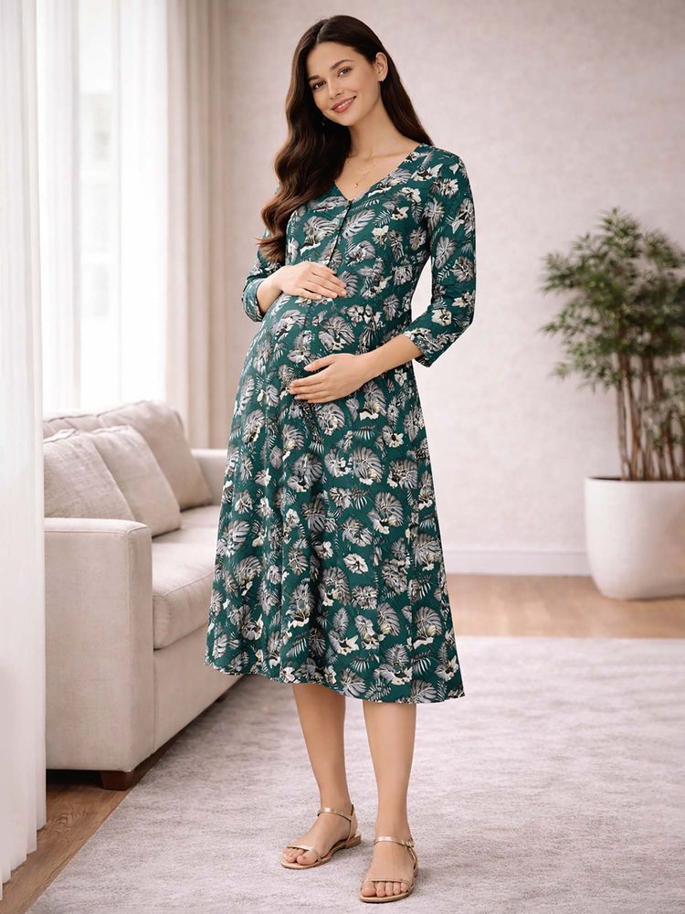 MomToBe Leafy Botaical Print Maternity Midi Dress-picture-12