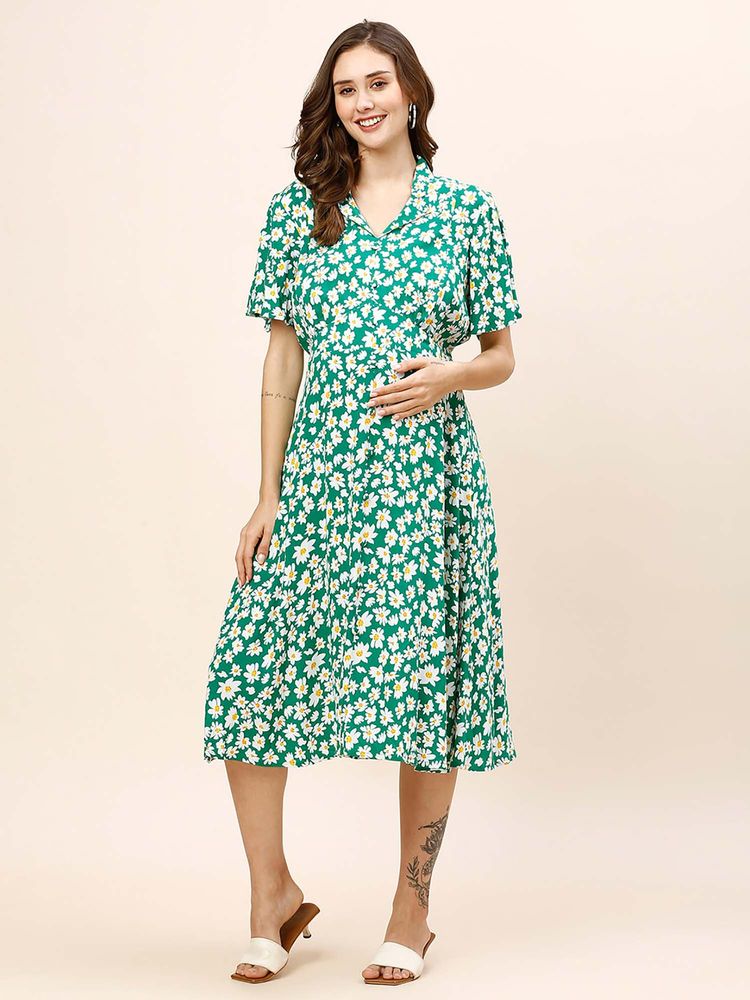 MomToBe Floral Printed Shirt Collar Maternity Midi Dress-image-5