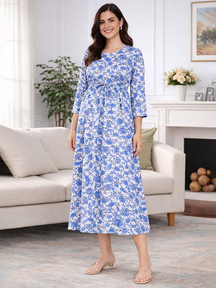MomToBe Saphire Blue Floral Print Maternity Maxi Dress-picture-21
