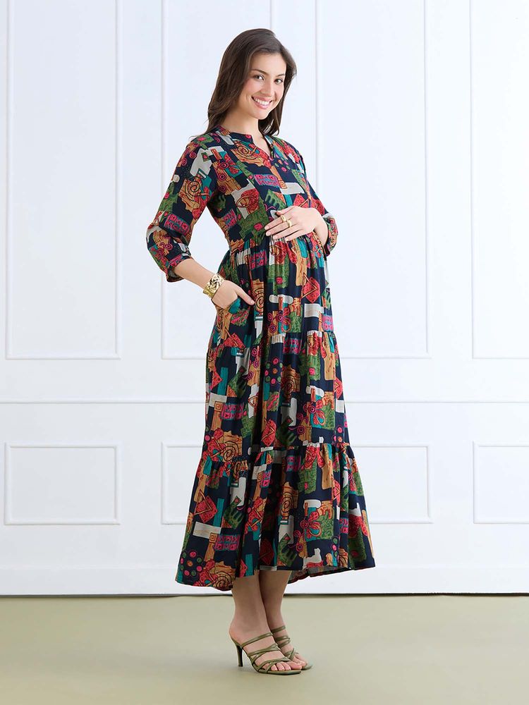 MomToBe Abstract Print Maternity Fit And Flare Dress-picture-16