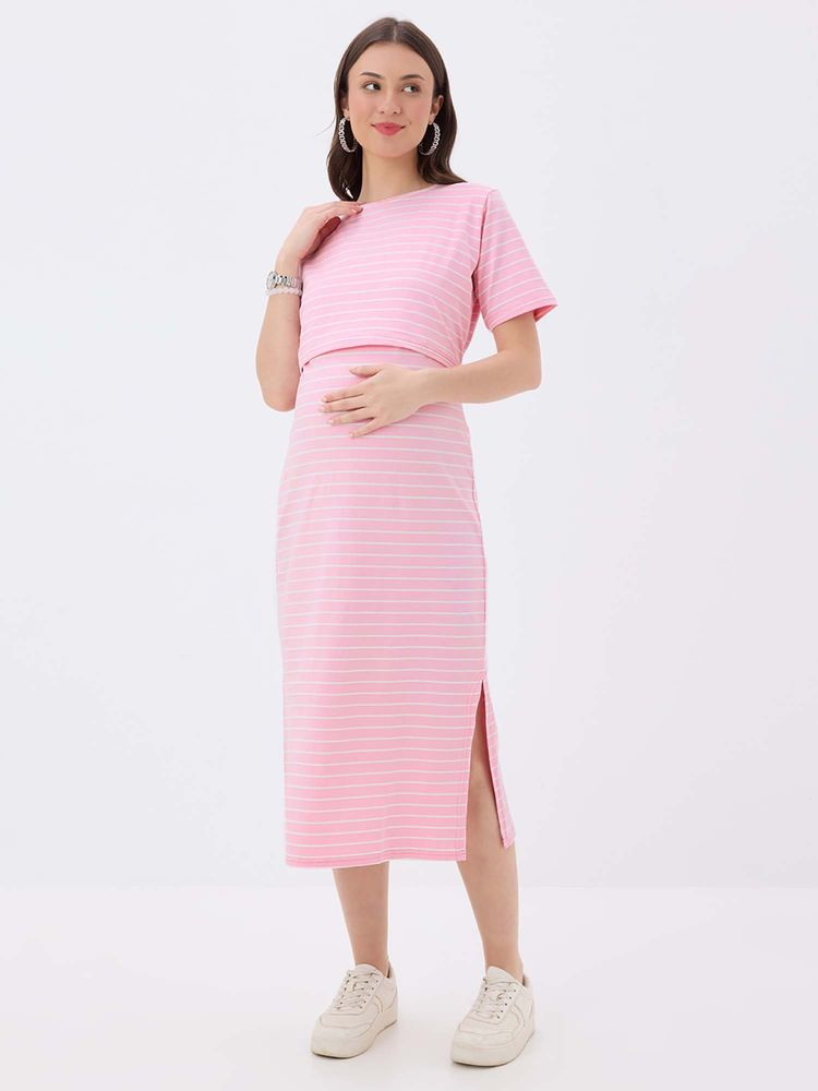 MomToBe Striped Pink Maternity A-Line Midi Dress-picture-19