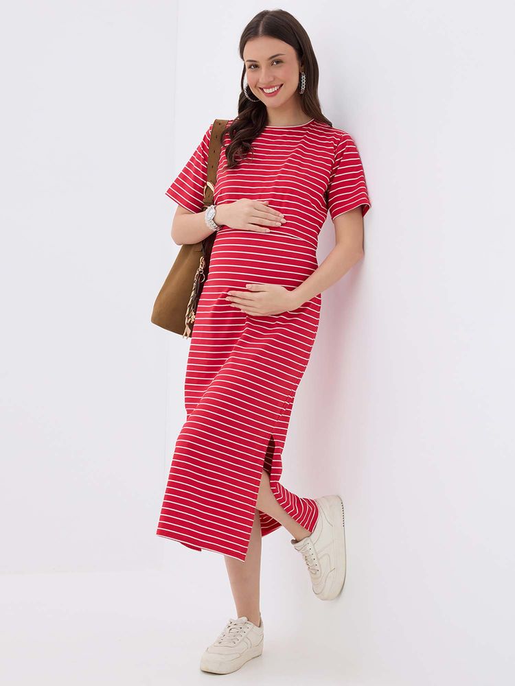 MomToBe Striped Red Maternity A-Line Midi Dress-image-6
