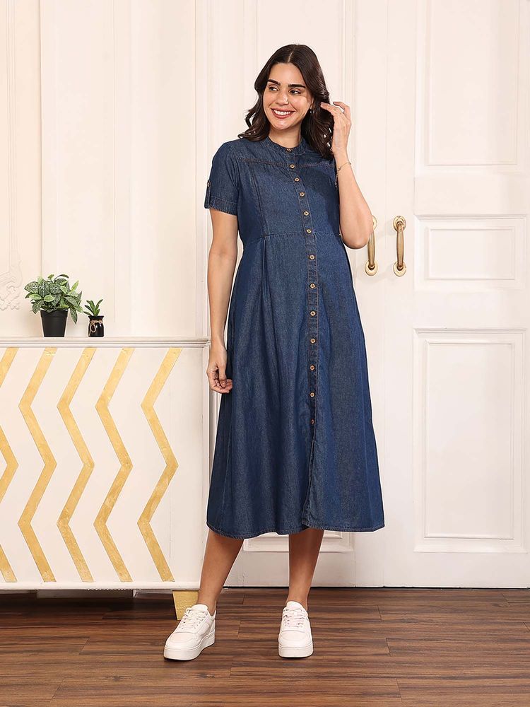 MomToBe Women Cotton Dark Blue Maternity Denim A-Line Dress-image-4