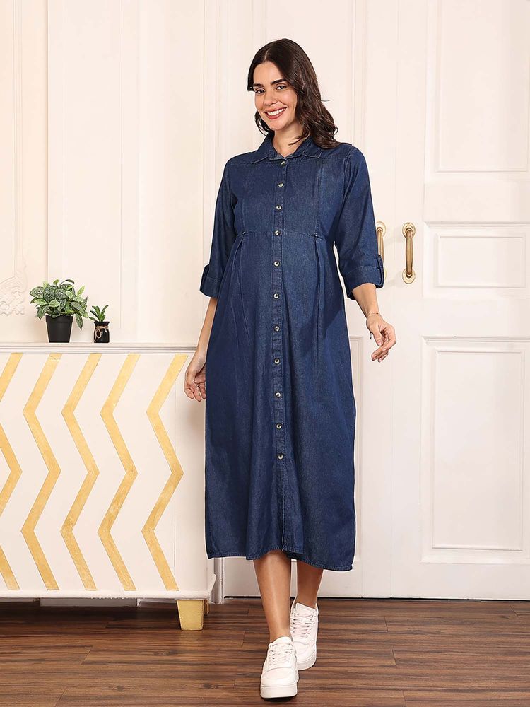 MomToBe Women Cotton Denim Maternity A-Line Midi Dress-picture-20