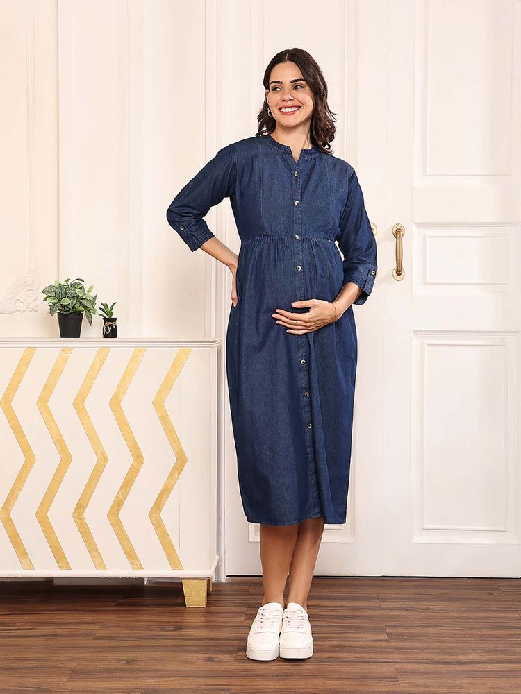MomToBe Women Cotton Dark Blue Maternity Denim Dress-picture-23