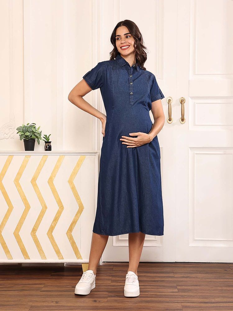 MomToBe Women Cotton Maternity Denim A-Line Dress-picture-18