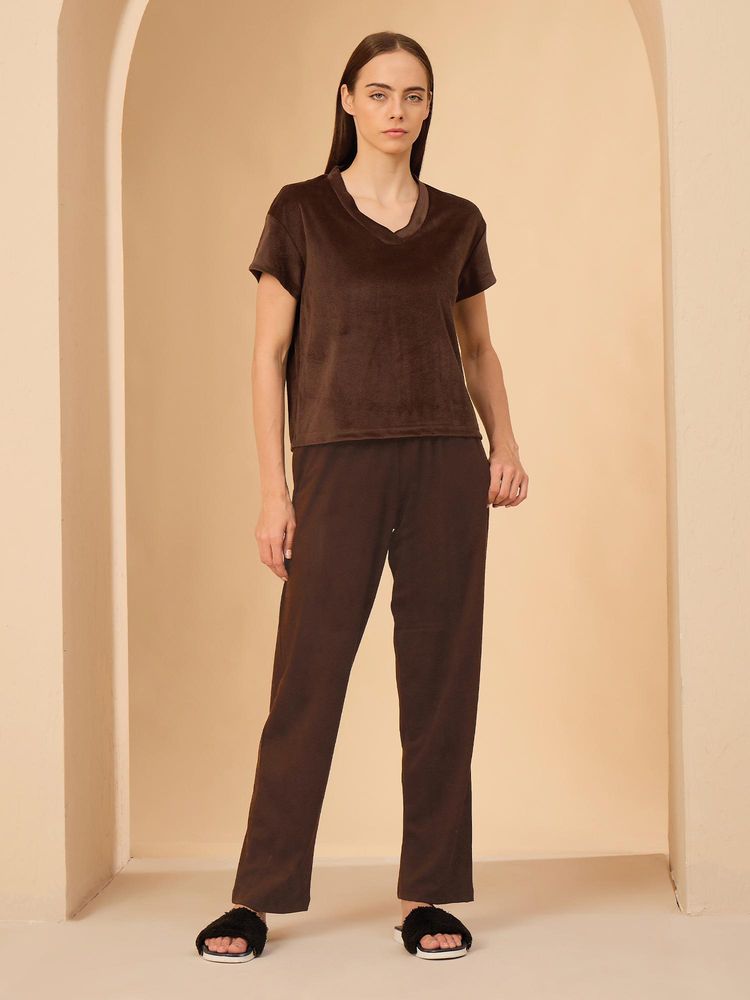 Sweet Dreams Womens Solid Top & Pyjama Brown-picture-18