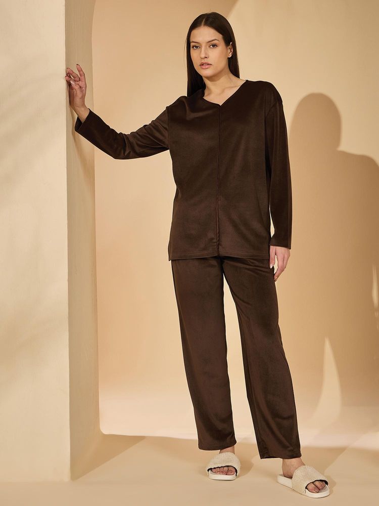 Sweet Dreams Womens Solid Top & Pyjama Brown-picture-20