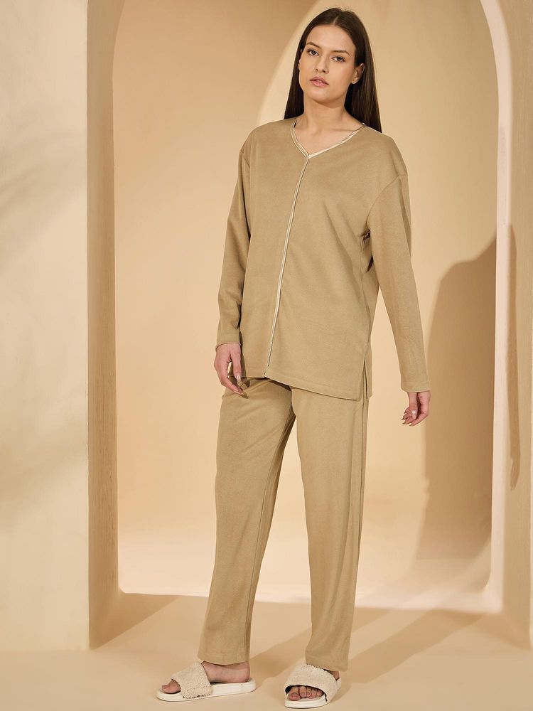 Sweet Dreams Womens Solid Top & Pyjama Beige-picture-16