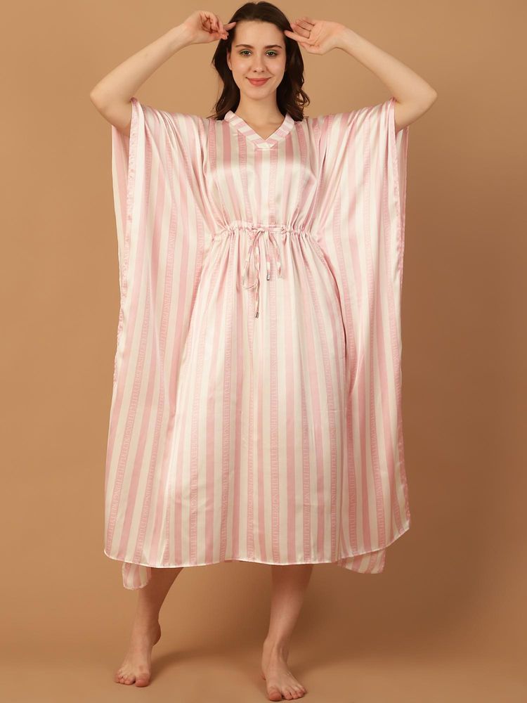 Blissence Women Pink And White Stripped Kaftan Nightdress-picture-13