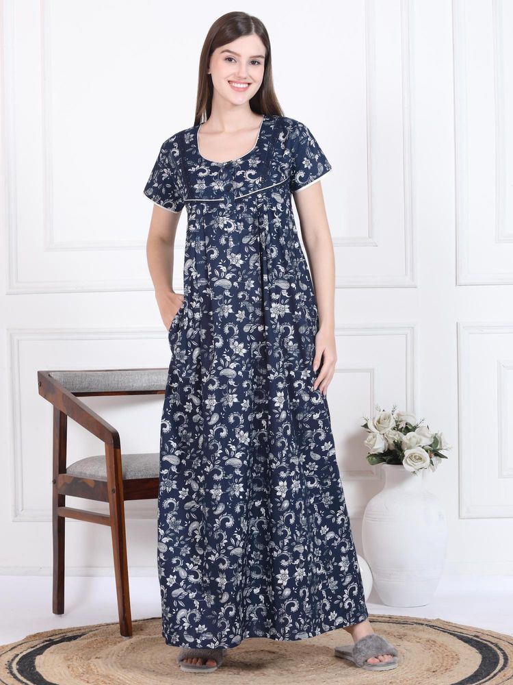 Sweet Dreams Womens Floral Printed Nightdress Navy Blue-picture-23