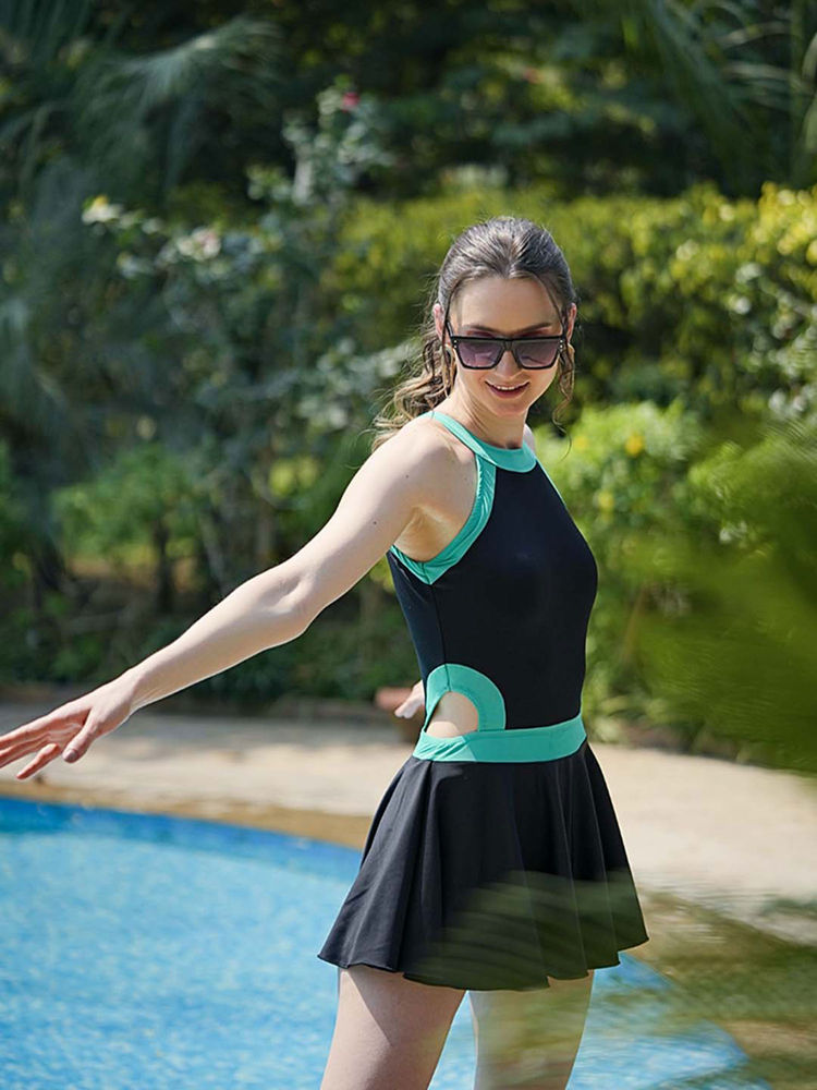 Cukoo Padded Black and Sea Green Border Swimsuit-image-26