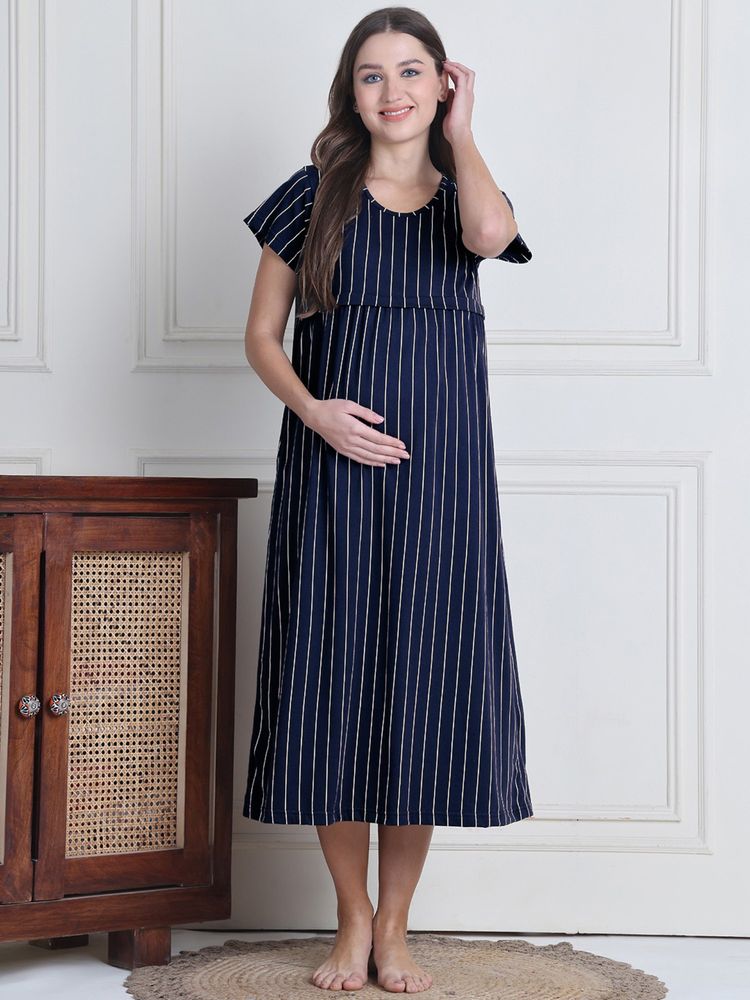 Secret Wish Navy Blue Striped Hosiery Maternity Night Dress-image-3