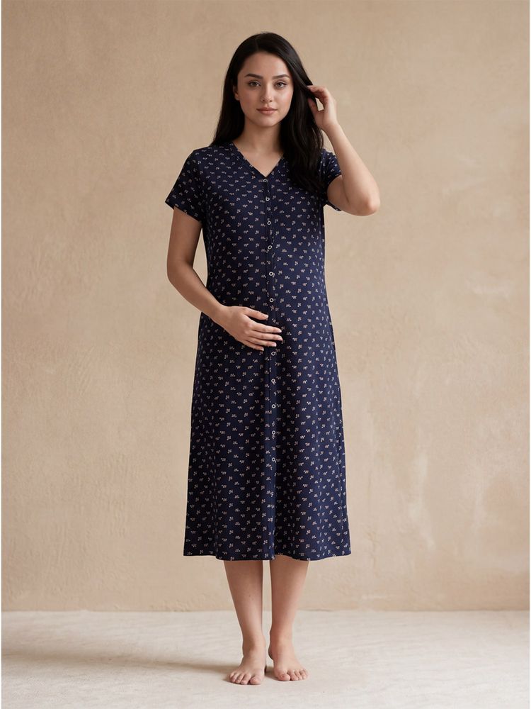 Secret Wish Navy Blue Printed Hosiery Zipless Maternity Night Dress-picture-15