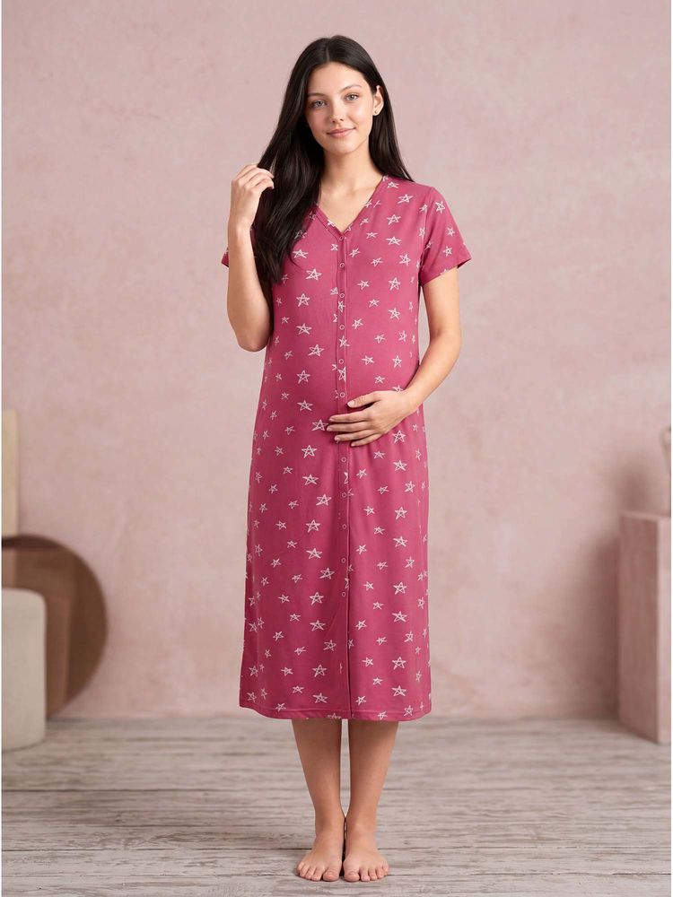 Secret Wish Pink Star Print Hosiery Zipless Maternity Night Dress-image-37