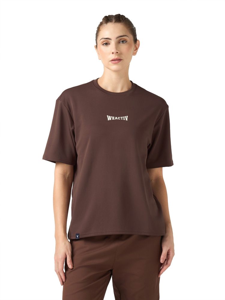 Technosport Brown Women Oversized Back Print T-Shirt