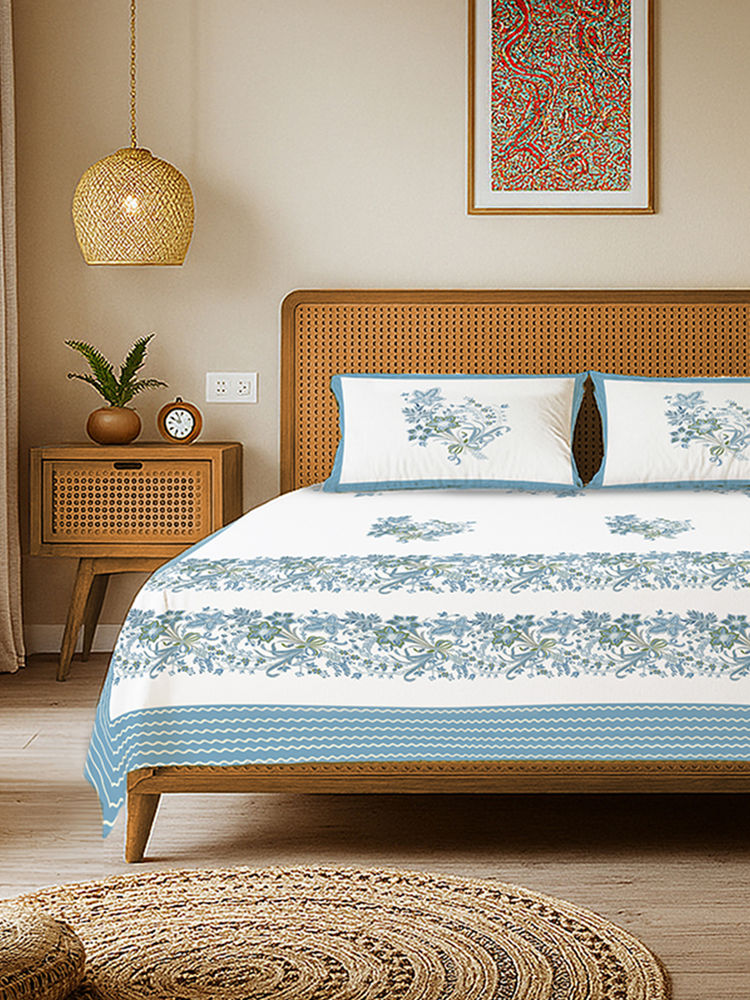 Urban Space Taarini Blue Rajasthani Floral Cotton Bedsheet with 2 Pillow Covers (King)