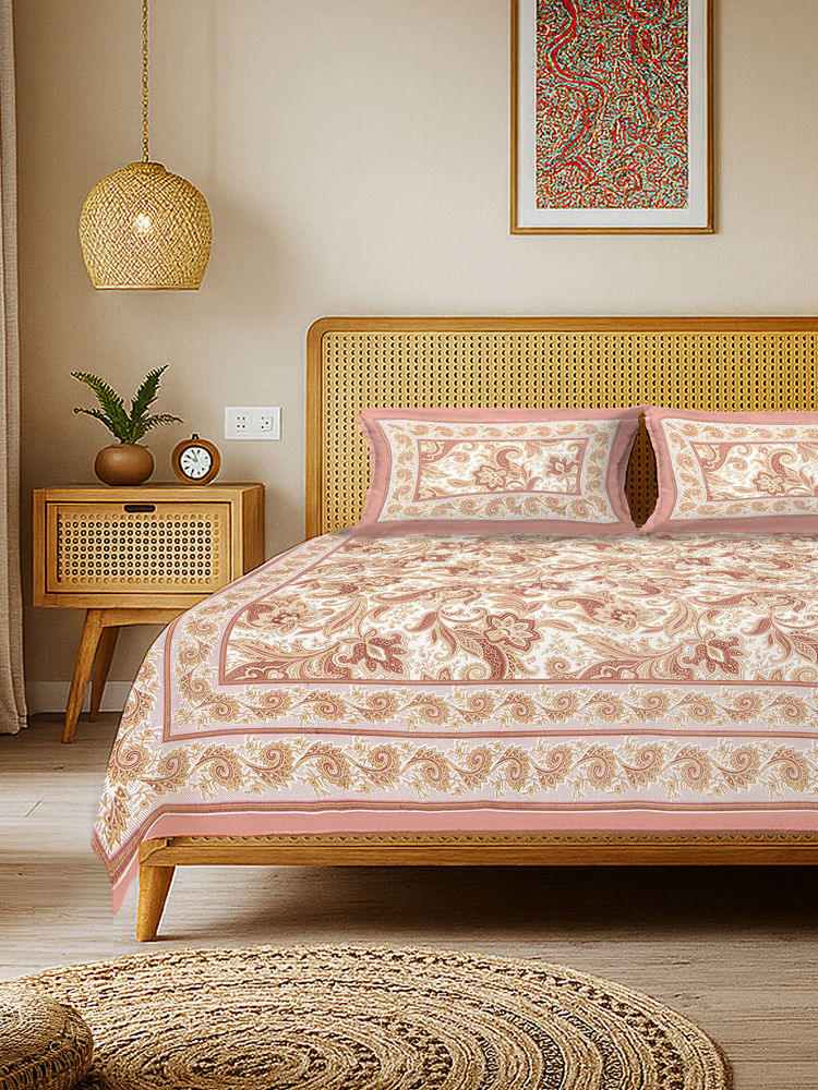 Urban Space Rangmahal White Rajasthani Floral Cotton Bedsheet with 2 Pillow Covers (King)-image-16