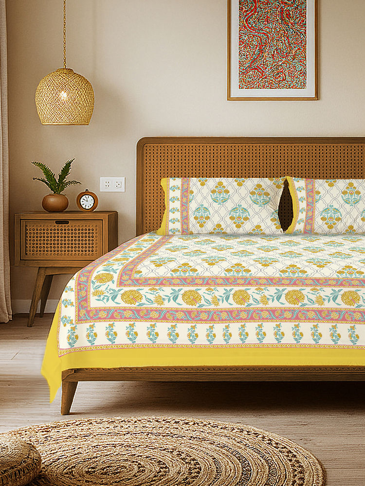 Urban Space Amberjaal Yellow Rajasthani Floral Cotton Bedsheet with 2 Pillow Covers (Double)-picture-43
