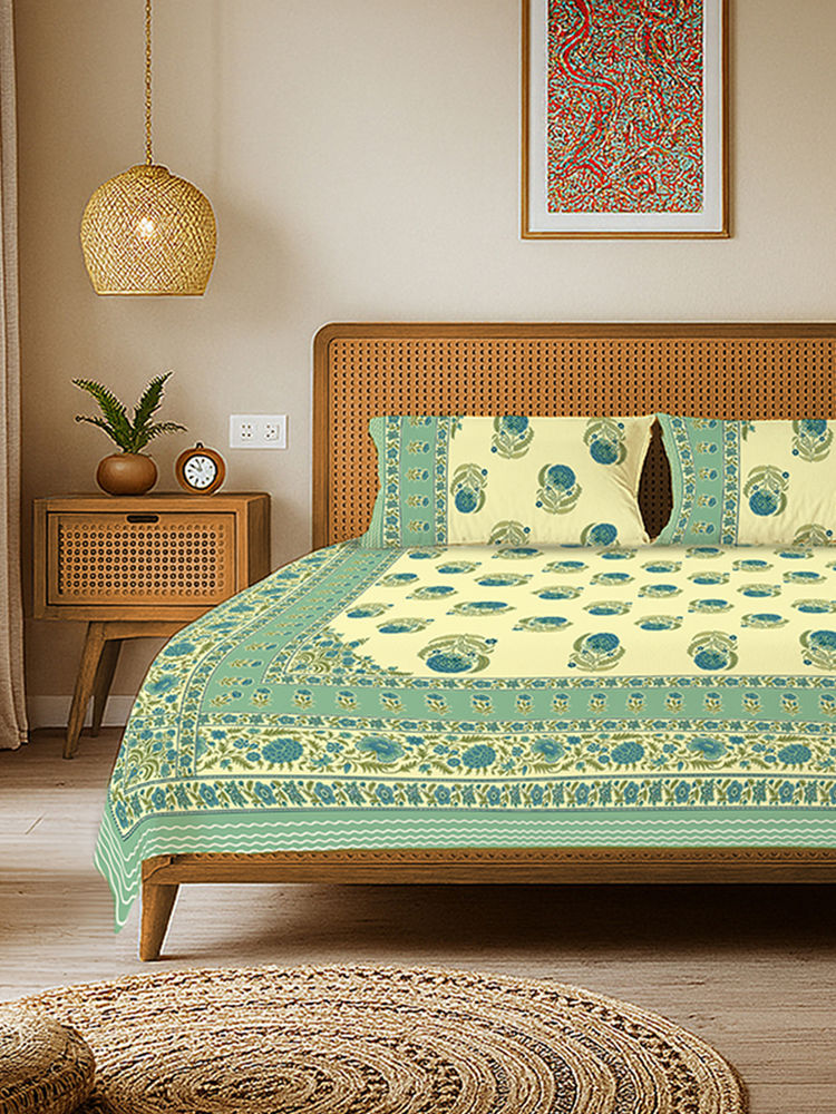 Urban Space Chaandbali Sage Green Rajasthani Floral Cotton Bedsheet with 2 Pillow Covers (Double)-picture-10