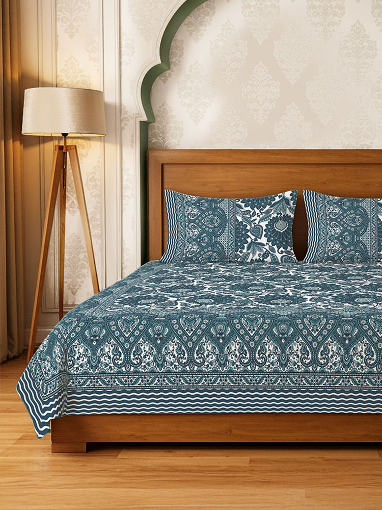 Urban Space Morbagh Navy Blue Rajasthani Floral Cotton Bedsheet with 2 Pillow Covers (Double)-picture-22