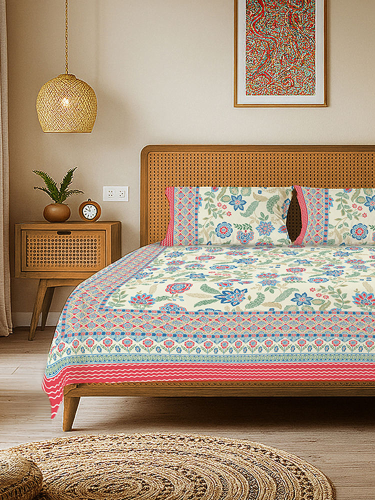 Urban Space Off White Rajasthani Floral Cotton Bedsheet with 2 Pillow Covers (Double)-image-48
