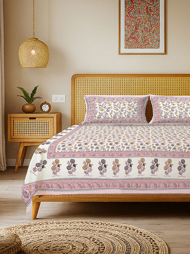 Urban Space Jagmandir Pink Rajasthani Floral Cotton Bedsheet with 2 Pillow Covers (Double)-picture-28