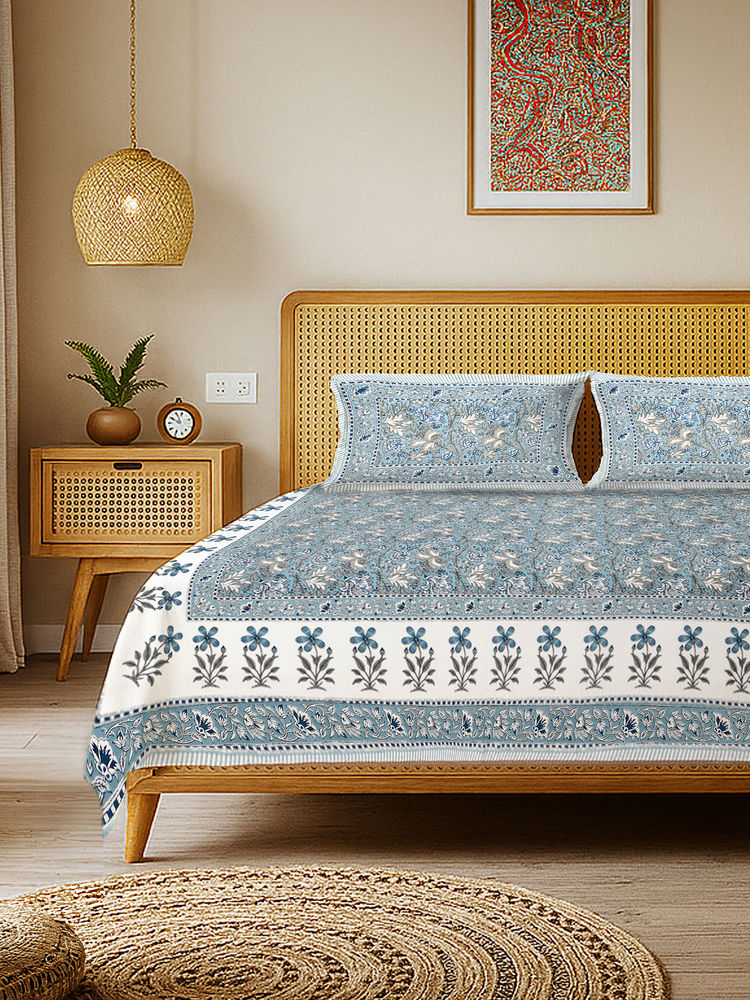 Urban Space Rangrez Blue Rajasthani Floral Cotton Bedsheet with 2 Pillow Covers (Double)-picture-2