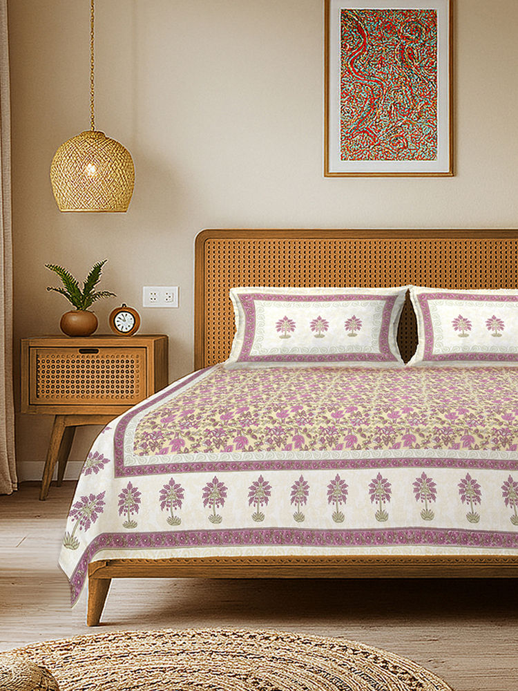 Urban Space Purple Rajasthani Floral Cotton Bedsheet with 2 Pillow Covers (Double)-picture-5