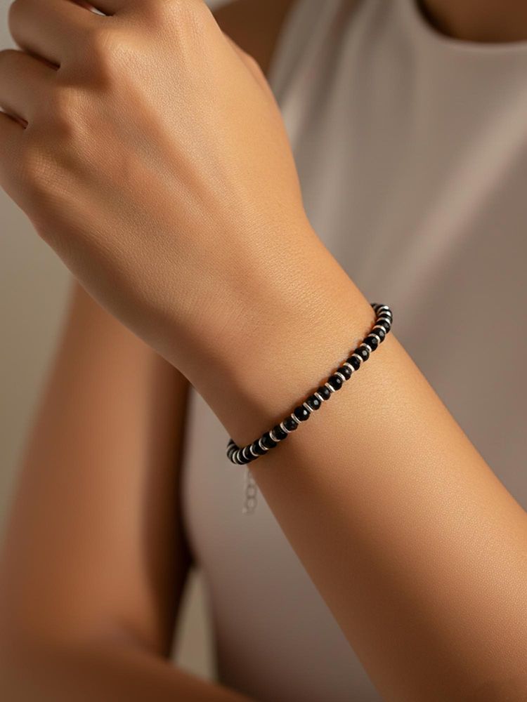 NVR Women Silver Plated Black Beaded Adjustable Bracelet-picture-18