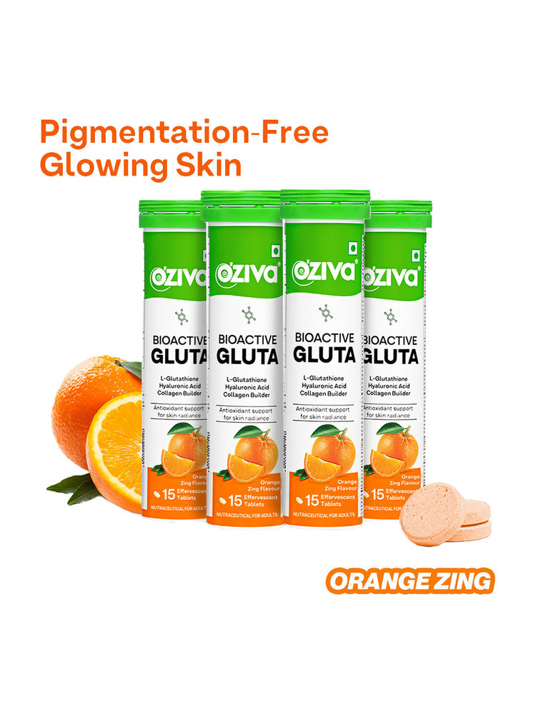OZiva Bioactive Gluta Fizzy (L-Glutathione), Reduce Cellular Damage on Skin- Orange (Pack of 4)