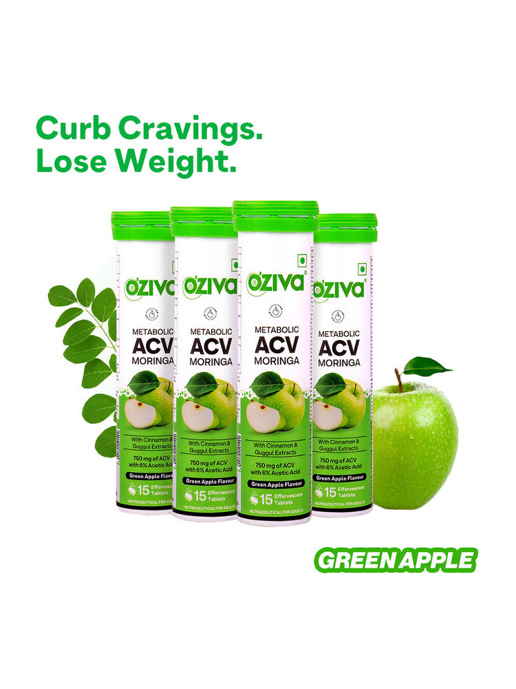 Oziva ACV Moringa To Control Cravings, Apple Cider Vinegar, No Maltodextrin (Green Apple) Pack of 4