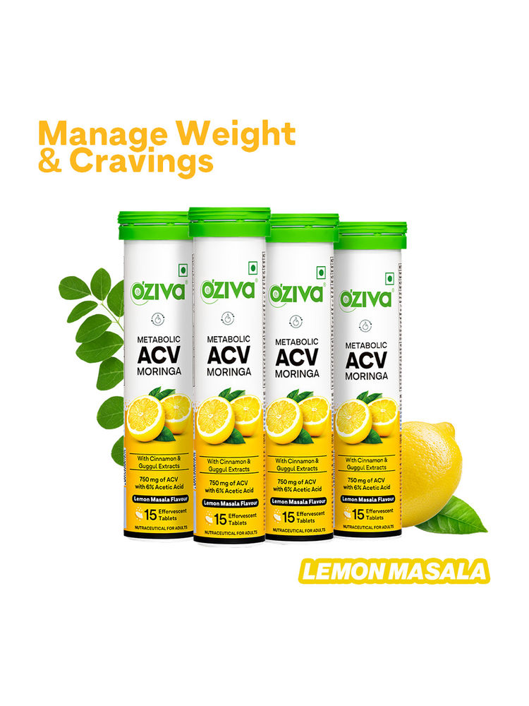 Oziva ACV Moringa To Control Cravings, Apple Cider Vinegar, No Maltodextrin Lemon Masala (Pack of 4)