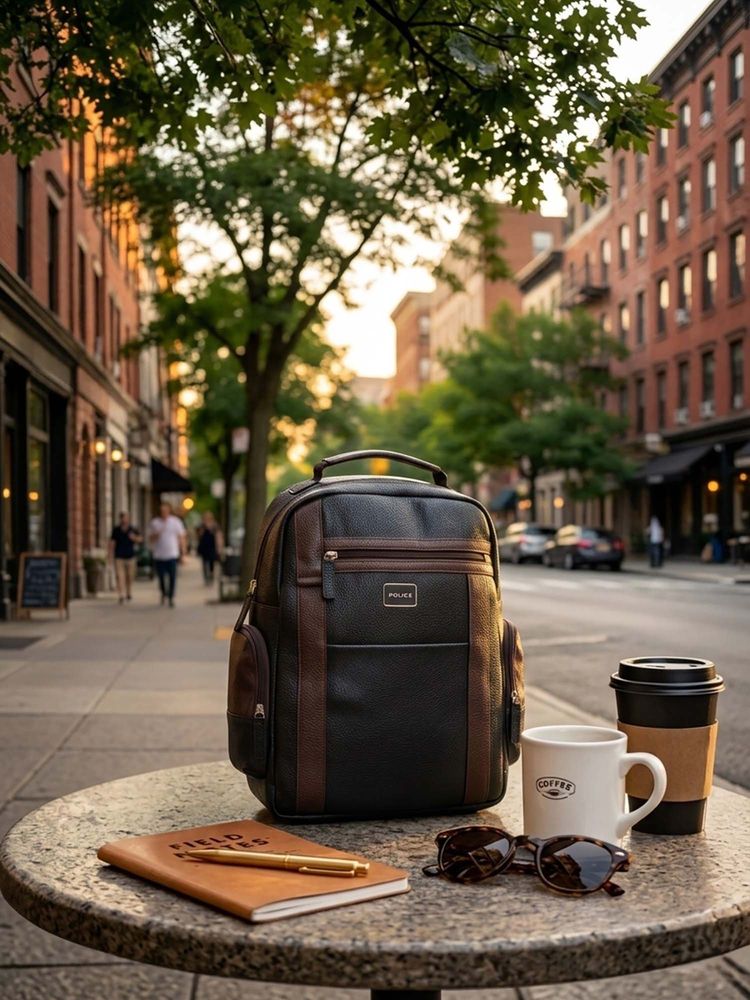 Police Black and Brown Medium Size Leather Backpack for Men and Women-image-4
