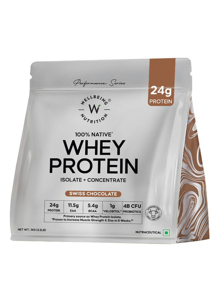 Wellbeing Nutrition Whey Protein Isolate & Concentrate, 24g Protein, Probiotics, Swiss Chocolate