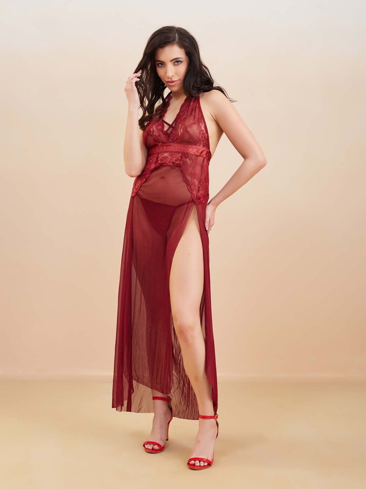 Secrets By ZeroKaata Sheer Self Design Long Nightwear Baby Doll Lingerie for Women Maroon-picture-46