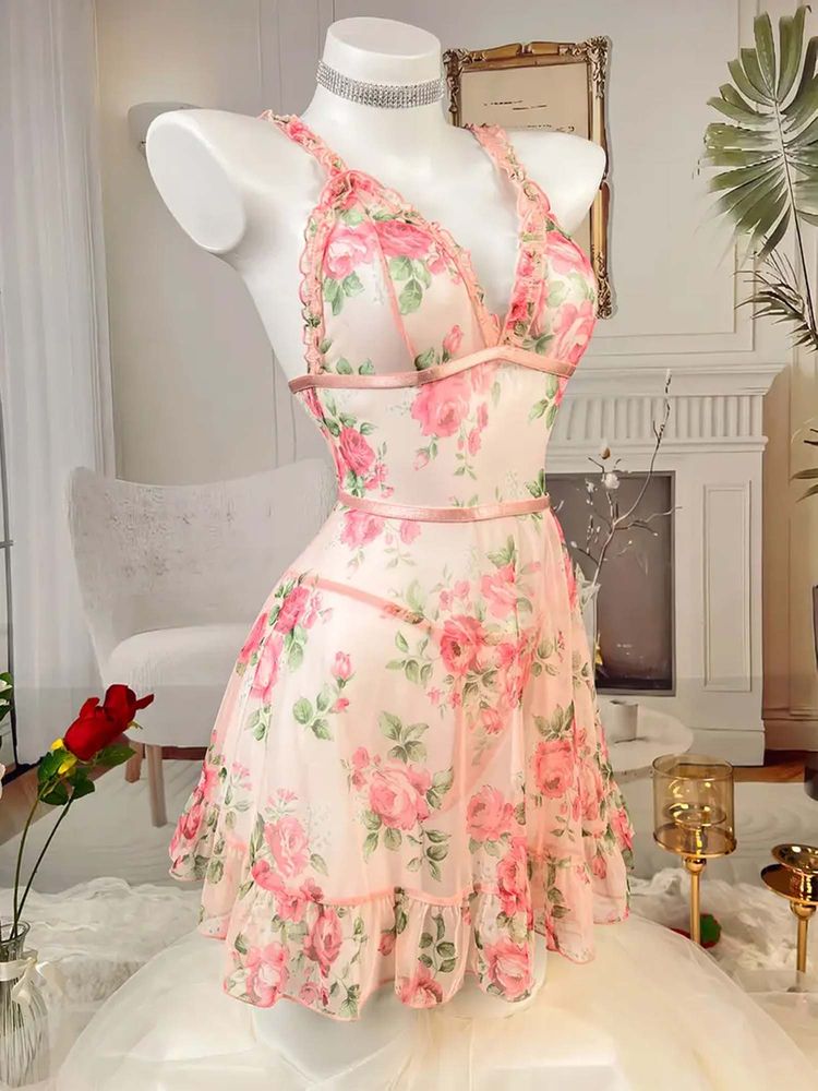Secrets By ZeroKaata Printed Sheer Nightwear Baby Doll With Thong For Women Pink-picture-18