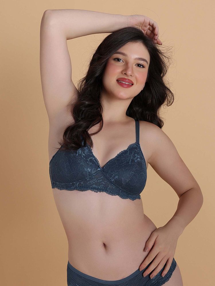 Zivame Padded Non Wired Medium Coverage Lace Bra - Orion Blue-picture-31